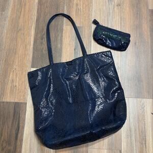 Fatto a Mano Carlos Falchi Navy Blue Snakeskin Embossed Tote Bag w/ Pouch